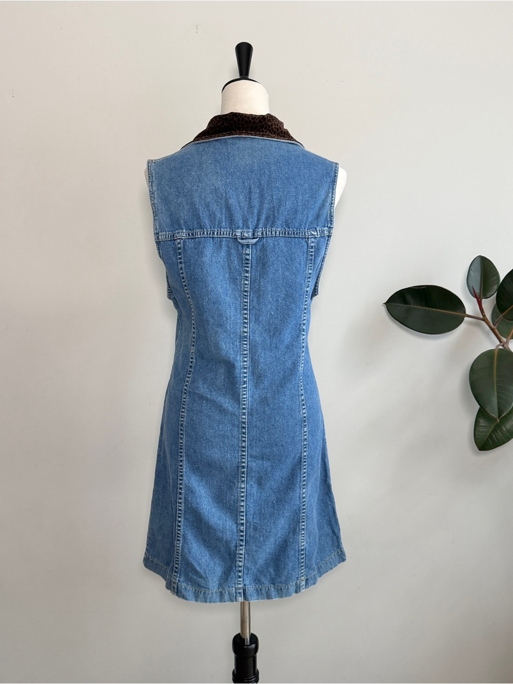 Vintage Denim Velvet Animal Print Collar And Buttons Mini Dress 6 - Picture 6 of 6